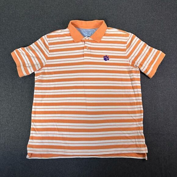 Lands' End Traditional Fit Striped Polo Shirt Mens XL Orange White Clemson Purpl - Picture 1 of 7